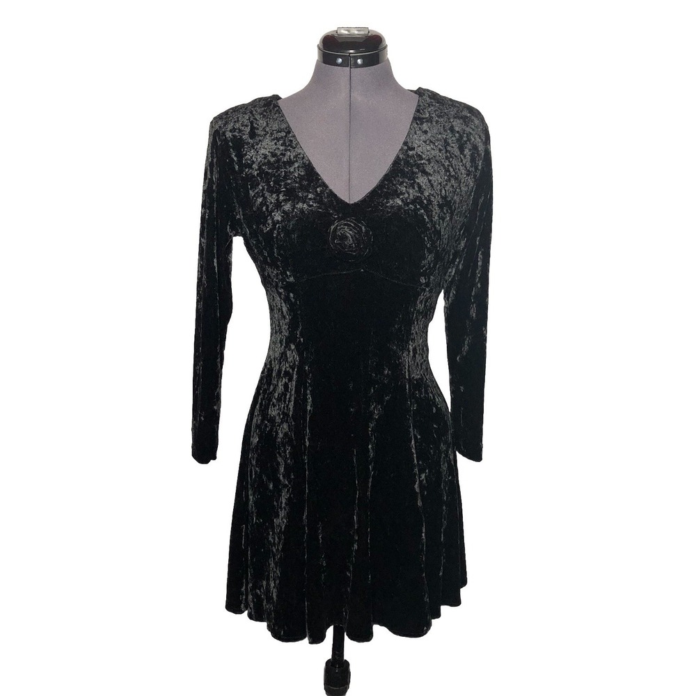Vintage 90s Dress Black‎ Mini Crushed Velour Long Sleeve Witchy Grunge Goth S
